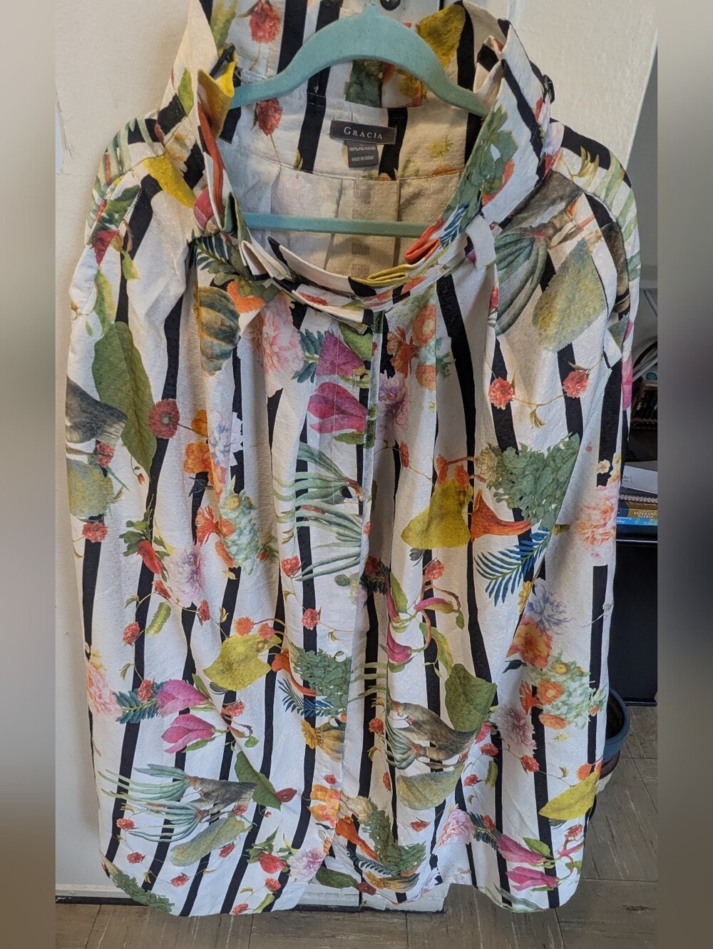 Gracia Black & White Stripes with Tropical Floral Print midi skirt